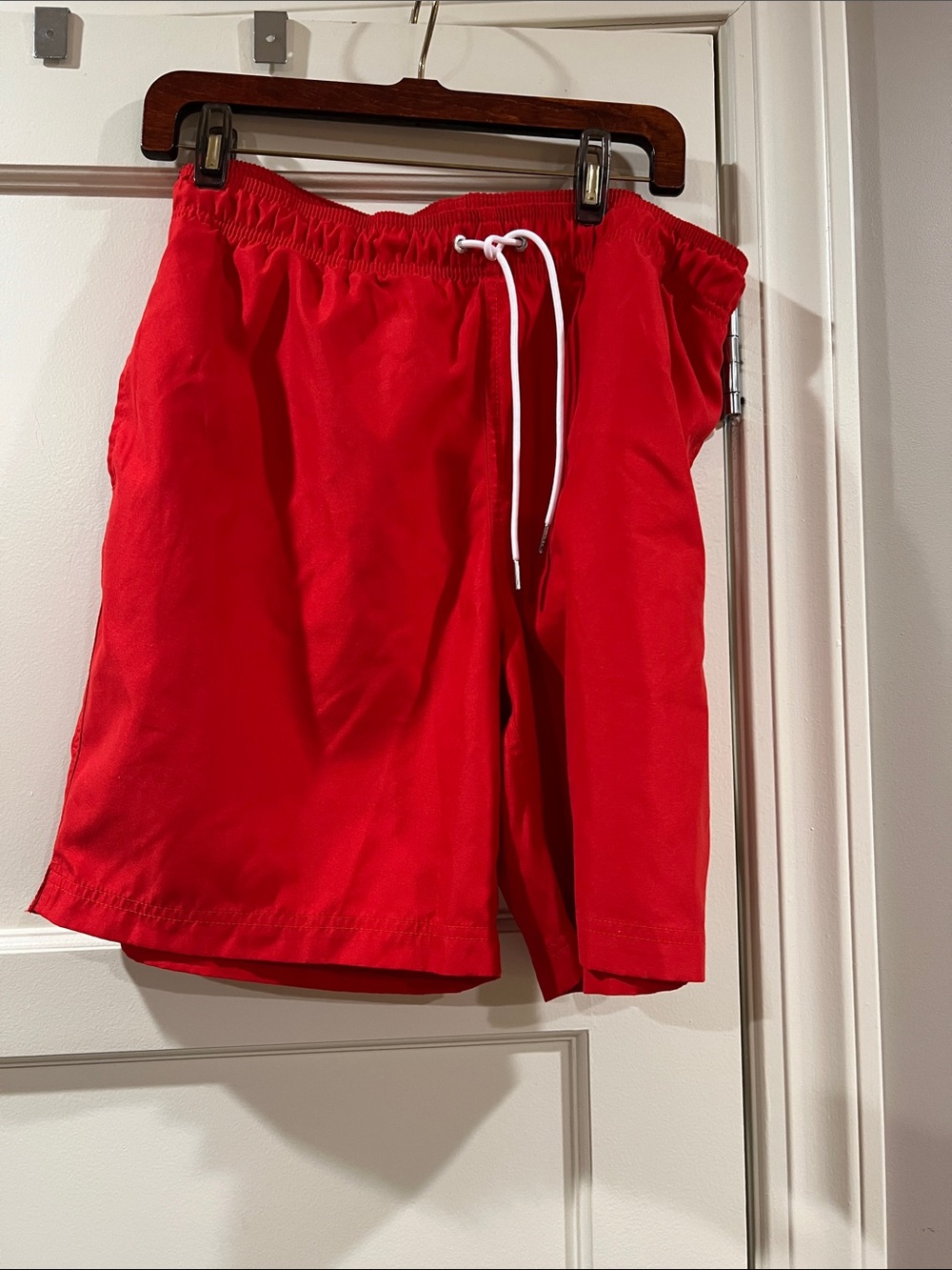 Lands' End Bright Red Men’s Swim Trunks with White Drawstring